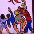 Mural al santuario di Madonna di Briano. Particolare: la folla che acclama il drago della pace.

