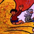 Mural al santuario di Madonna di Briano. Particolare: bambini su una zampa del drago della pace.