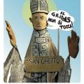 Santini di San Ghetto Martire, stampati dal GRIDAS in occasione del 35° Corteo di Carnevale di Scampia e a sostegno della causa civile. Progetto grafico Luca Pignataro.
