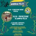 Locandina per "ANDRIA FELIX - La Murga e il Carnevale", parata con la MòMò Murga e Rigoberta e proiezione del film "Scampia Felix" con il regista e il GRIDAS.