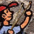 Il bambino con la fionda, effetto della pittura sul muro (particolare).