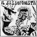 Il sassofonista-Clinton. Autoadesivo linoleografato per il Carnevale e il Controvertice G7, 1994.